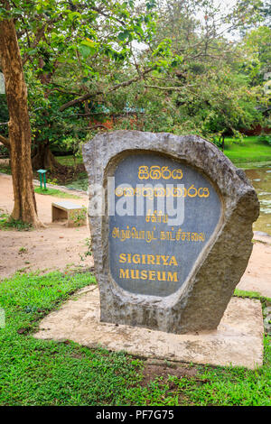 Sigiriya Museum carved entrance sign at Sigiriya or Lion Rock in the Cultural Triangle of Sri Lanka, a leading historic monument tourist attraction Stock Photo