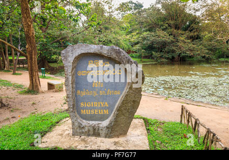 Sigiriya Museum carved entrance sign at Sigiriya or Lion Rock in the Cultural Triangle of Sri Lanka, a leading historic monument tourist attraction Stock Photo