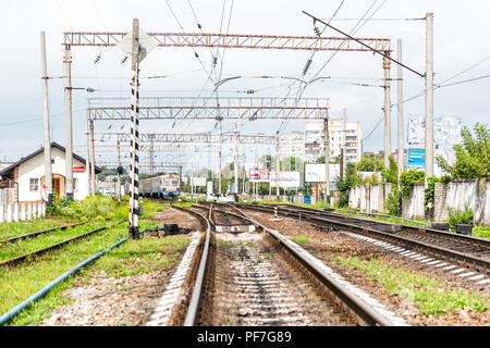 Rivne, Ukraine - July 28, 2018: Railway railroad rail tracks with train ...