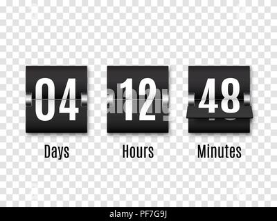 Black Countdown timer with white numbers isolated on transparent background. Clock counter. Vector Stock Vector