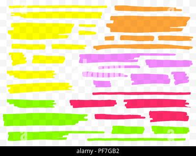 Colorful highlighters set. Yellow, green, purple, red and orange markers. Transparent hand drawn brush lines. Stock Vector
