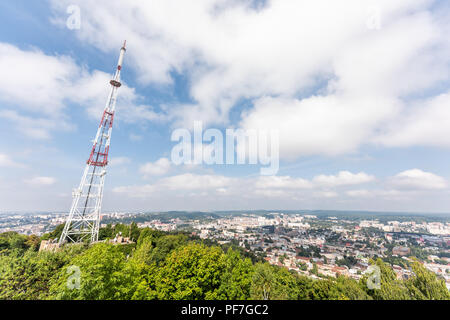 Lviv, Ukraine - August 1, 2018: Cityscape skyline, historic Ukrainian Polish city in old town, buildings architecture during sunny summer day, High Ca Stock Photo