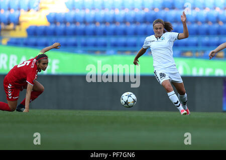 AUGUST 13, 2018 - KHARKIV, UKRAINE: Nadiia Kunina runs and dribbles with ball very fast from the opponent Teodora Meluta. UEFA Women's Champions Leagu Stock Photo