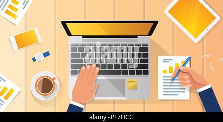 Businessman Workplace Desk Hands Working Laptop Flat Vector Illustration Business Man Top Angle Above View Office Stock Vector