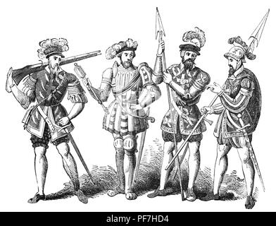 Military Costume at the time of Henry VIII,  followed the lines of civilian dress of the period. Even the standing force, the small Sovereign's Bodyguard of the Yeoman of the Guard (who served both on foot with bow and halberd, and mounted with javelin) seem to have confined uniformity to jackets and caps. They wore red jackets, guarded in black, with rose and crown in gold, and red or black cap with white plumes, but breeches and hose could be of various colors. Stock Photo