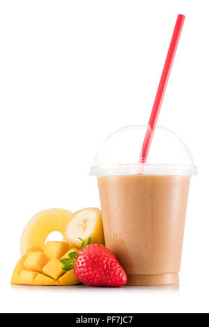 Many fruit smoothie in plastic cup with fruit isolated on white background Stock Photo