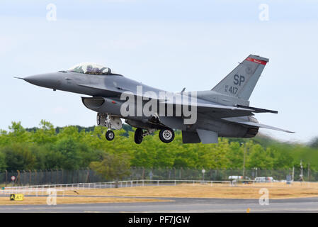 Lockheed Martin F-16 Fighting Falcon fighter jet plane at the Farnborough International Airshow, of 480th Fighter Squadron from Spangdahlem Germany Stock Photo