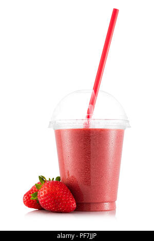 Strawberry smoothie in plastic cup with fruit isolated on white background Stock Photo
