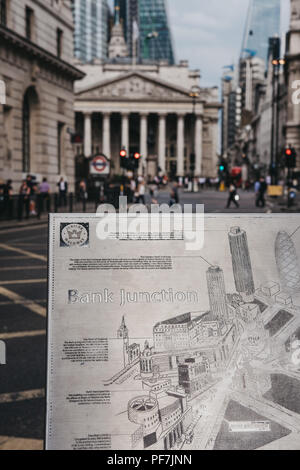 London, UK - July 24, 2018: Close up of a metal map of Bank Junction on Jubilee Walkway, Bank of England on the background. Jubilee Walkway was open t Stock Photo