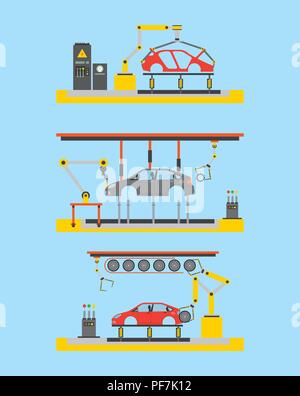 car production plant process step automatic robot works Stock Vector