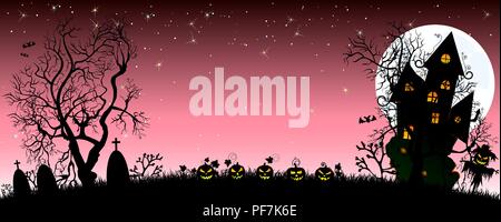 Night on Halloween. Pumpkins, castle, silhouettes of trees, grass, scarecrow, cemetery in the background of the moon and the starry sky. The dark pink Stock Vector