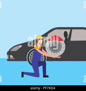 mechanic on the knee with brake disc auto part Stock Vector