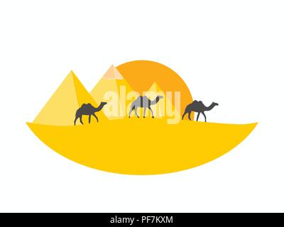 Caravan camels against over pyramids. Egyptian pyramids in the desert. Vector illustration Stock Vector