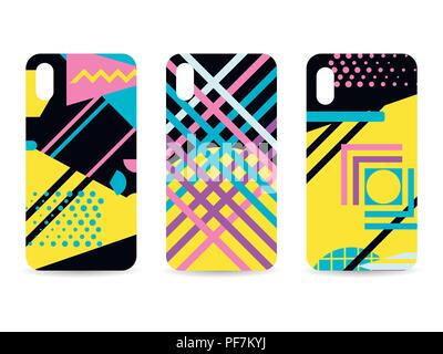 Phone case set. Memphis pattern background. Geometric elements memphis in the style of 80s. Vector illustration Stock Vector