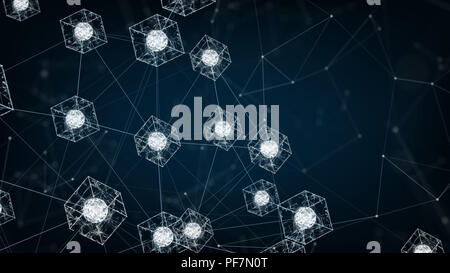 Blockchain network concept.Isometric digital blocks square code big data connection with Distributed ledger technology , Cryptocurrency finance bitcoi Stock Photo