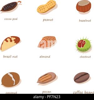 Nut filling icons set, isometric style Stock Vector