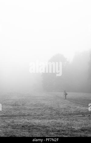 A photographer setting up his tripod in a misty meadow Stock Photo