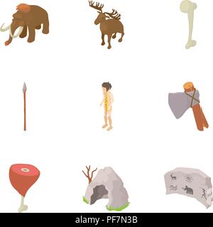 Prehistoric hunting icons set, isometric style Stock Vector