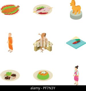 Indonesian life icons set, isometric style Stock Vector