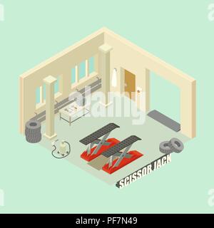 Scissor jack car garage concept background, isometric style Stock Vector