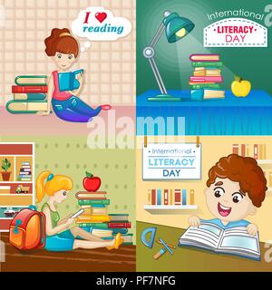 Literacy Day book banner set, cartoon style Stock Vector