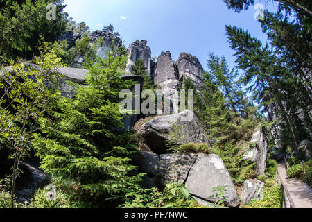 Rock town in central europe. A trail leading in a mountainous area. Season of the summer. Stock Photo