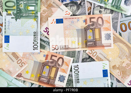 A lot of euro and american dollars banknotes. Background. Stock Photo