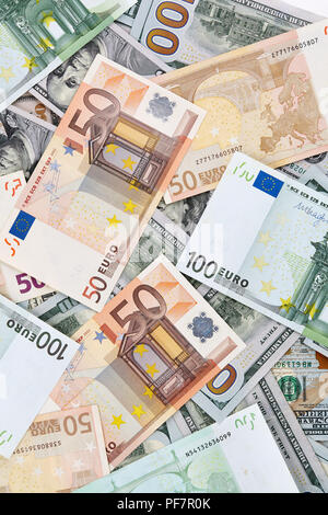 A lot of euro and american dollars banknotes. Background. Stock Photo