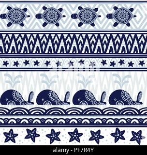 Stripe seamless pattern with sea underwater animals. Cute cartoon whales, starfish and turtles. Marine background for kids. Vector illustration. Perfect for textile print, cloth design and fabric Stock Vector