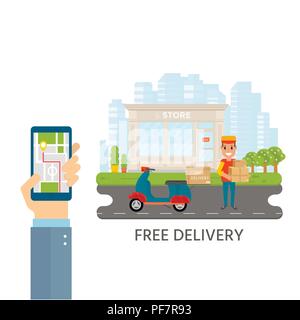 Logistics and delivery service concept: motorbike,  smiling couriers with packages, scooter and city background. Postal service creative icons design. Stock Vector