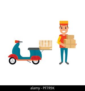 Logistics and delivery icon service isolated on white background: scooter, smiling character with packages motorcycle bike and parcel. Postal service  Stock Vector