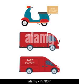 Logistics and delivery icon service isolated on white background: truck, lorry, van, scooter motorcycle bike. Postal service creative design. Vector f Stock Vector