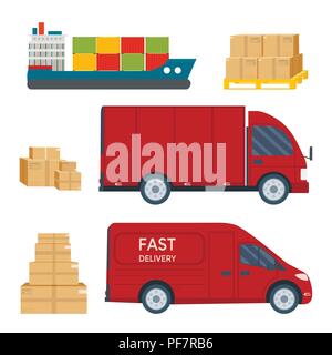 Logistics and delivery service set: truck with packages, helicopter, scooter, plane, cargo shipping, van. Postal service creative icons design. Vector Stock Vector