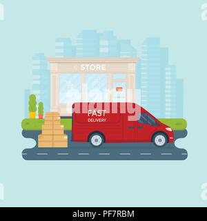 Logistics and delivery service concept: truck, lorry, van with store, shop and city background. Postal service creative banner design. Vector flat ill Stock Vector