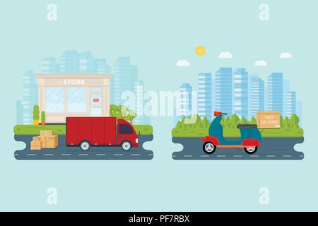 Logistics and delivery service concept: truck, lorry, van, scooter motorcycle with store, shop and city background. Postal service creative banner des Stock Vector