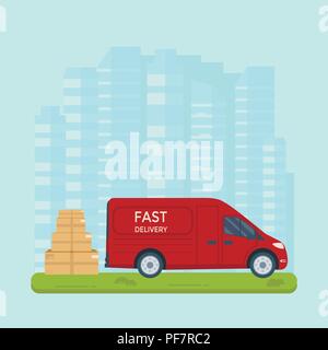 Logistics and delivery service concept: truck, lorry, van with package and city background. Postal service creative banner design. Vector flat illustr Stock Vector