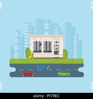 Vector flat design exterior, shop facade, store, supermarket. Store front window building icon isolated on white background. Stock Vector