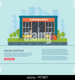 Vector flat design restaurants exterior and shops facade:  supermarket. Store front window buildings icon with city on the background. Stock Vector