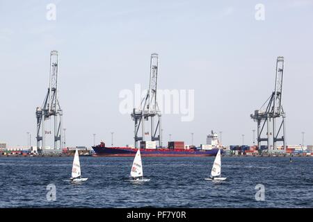 Aarhus, Denmark - August 7, 2018: Laser radial sailing ships in the harbor of Aarhus, Denmark Stock Photo