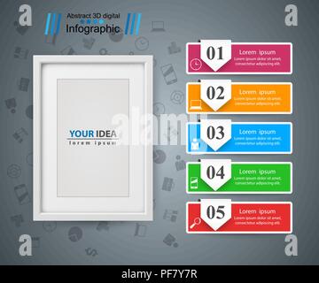 Frame, photo. Five items - paper infographic. Stock Vector