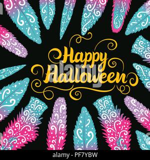 Happy Halloween card. Lettering the inscription. Hand drawing ornament of feathers isolated on a dark background. Stock Vector