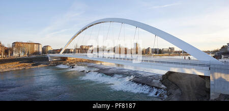 View of bridge crossing the river. Cittadella Bridge, Alessandria, Italy. Architect: Richard Meier and Partners, 2017. Stock Photo
