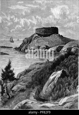 Black and white vintage print depicting Old Fort Dumpling, a Revolutionary War-era fort that was replaced by Fort Wetherill, located on a spit of land near the East passage into Newport, Rhode Island, USA, published in William Cullen Bryant's edited volume 'Picturesque America; or, The Land We Live In', 1872. Courtesy Internet Archive. () Stock Photo