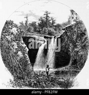 Black and white vintage print depicting a man with a fishing pole slung over his shoulder, standing in the foreground in front of the East Falls (formerly known as Red Mill Falls) now part of Cascade Park, located on the Black River in Elyria, Ohio, USA, published in William Cullen Bryant's edited volume 'Picturesque America; or, The Land We Live In', 1872. Courtesy Internet Archive. () Stock Photo