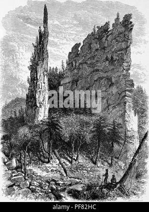 Black and white print depicting the natural rock formation known as Karr's Pinnacles, located in Petersburg, West Virginia, USA, published in William Cullen Bryant's edited volume 'Picturesque America; or, The Land We Live In', 1872. Courtesy Internet Archive. () Stock Photo