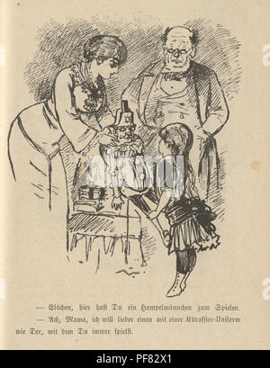Vintage engraving of a Victorian cartoon of mother gicing daughter a doll, 1880s, German Stock Photo