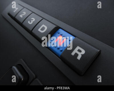 Focus on an automatic transmission pannel inside a bus Stock Photo
