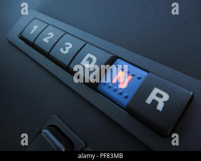 Focus on an automatic transmission pannel inside a bus Stock Photo