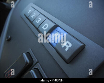 Focus on an automatic transmission pannel inside a bus Stock Photo