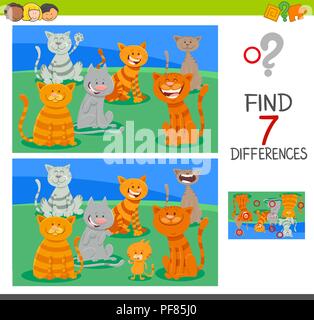 Cartoon Illustration of Finding Seven Differences Between Pictures Educational Game for Children with Cat or Kitten Characters Stock Vector